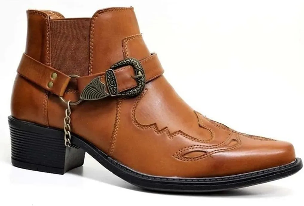 Men's Vintage Pointed Toe Cowboy Boots Fashion Western Personality Belt Buckle Thick Heel Slip-On Bootie