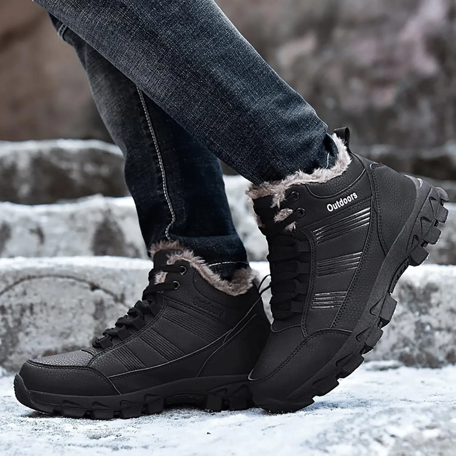 Mens Work Boots Steel Toe Hiking Sneakers Shoes Warm Fur Lined Women Safety Toe Shoes Insulated Waterproof Outdoor Shoes Leather Comfortable Hike Grounded Footwear
