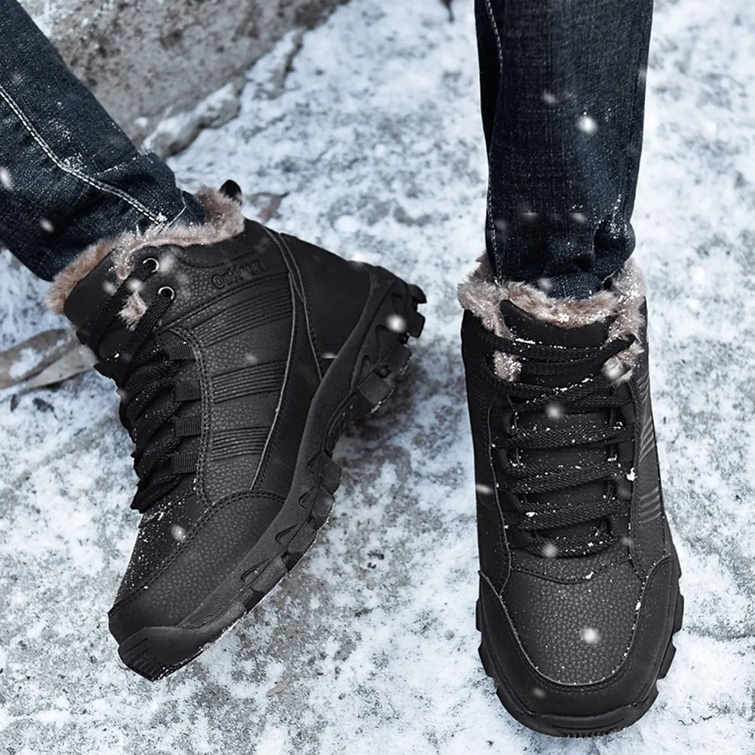 Mens Work Boots Steel Toe Hiking Sneakers Shoes Warm Fur Lined Women Safety Toe Shoes Insulated Waterproof Outdoor Shoes Leather Comfortable Hike Grounded Footwear