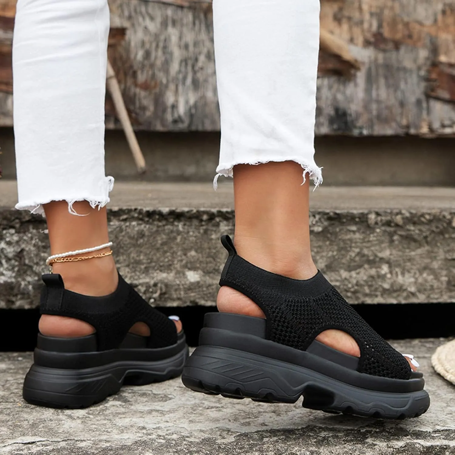 Mesh Platform Sandals for Womens 2025,Comfort Knitted Mesh Cut Out Strap Open-Toe Chunky Block High Heel Fashion Strappy Punk Goth Slip On Walking Sandals Summer Sandals(Black)