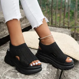 Mesh Platform Sandals for Womens 2025,Comfort Knitted Mesh Cut Out Strap Open-Toe Chunky Block High Heel Fashion Strappy Punk Goth Slip On Walking Sandals Summer Sandals(Black)