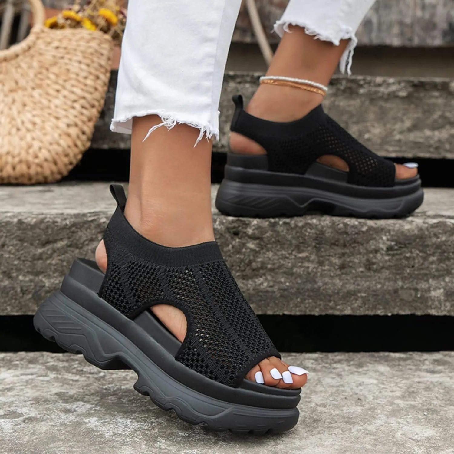 Mesh Platform Sandals for Womens 2025,Comfort Knitted Mesh Cut Out Strap Open-Toe Chunky Block High Heel Fashion Strappy Punk Goth Slip On Walking Sandals Summer Sandals(Black)