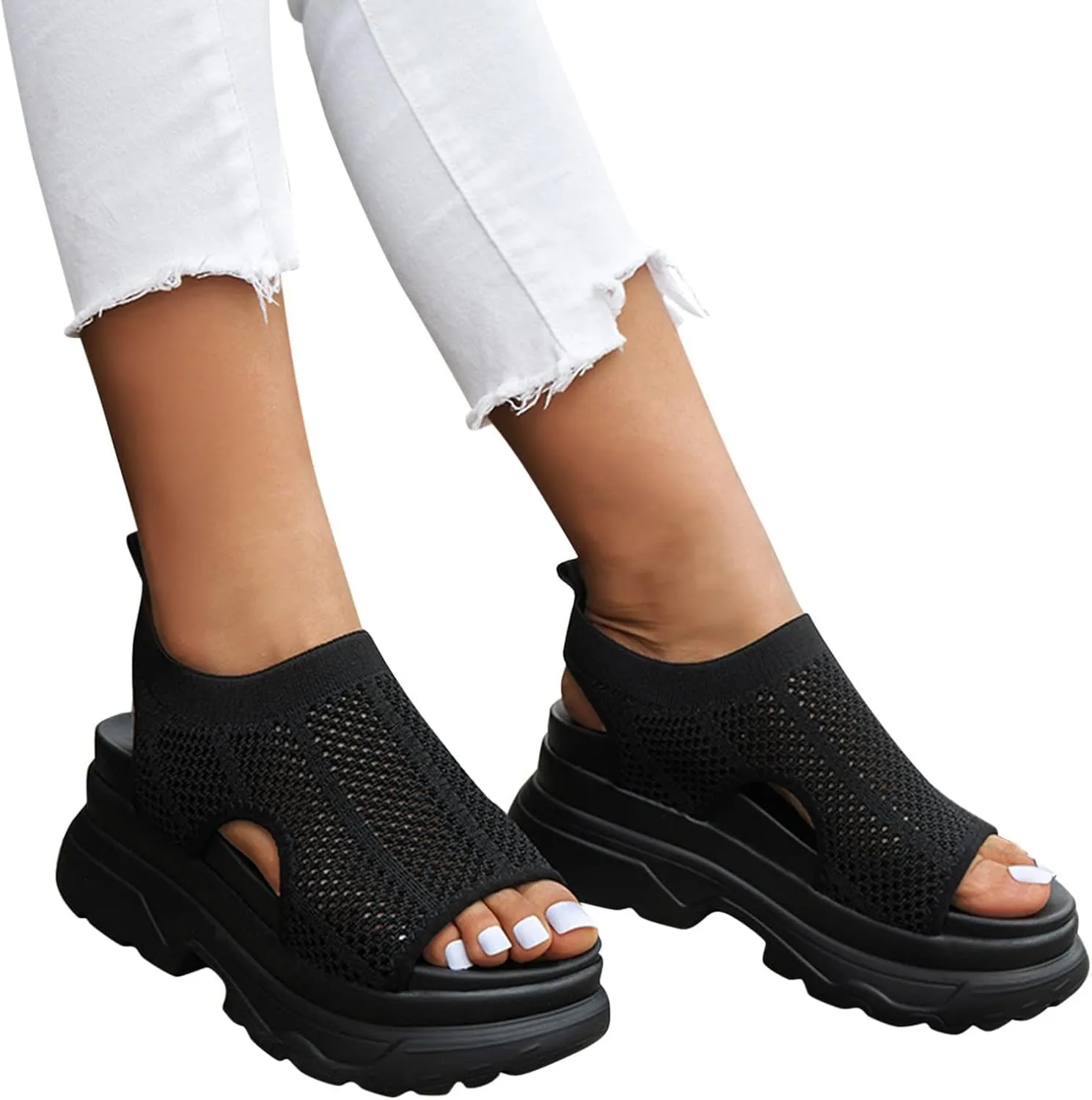 Mesh Platform Sandals for Womens 2025,Comfort Knitted Mesh Cut Out Strap Open-Toe Chunky Block High Heel Fashion Strappy Punk Goth Slip On Walking Sandals Summer Sandals(Black)