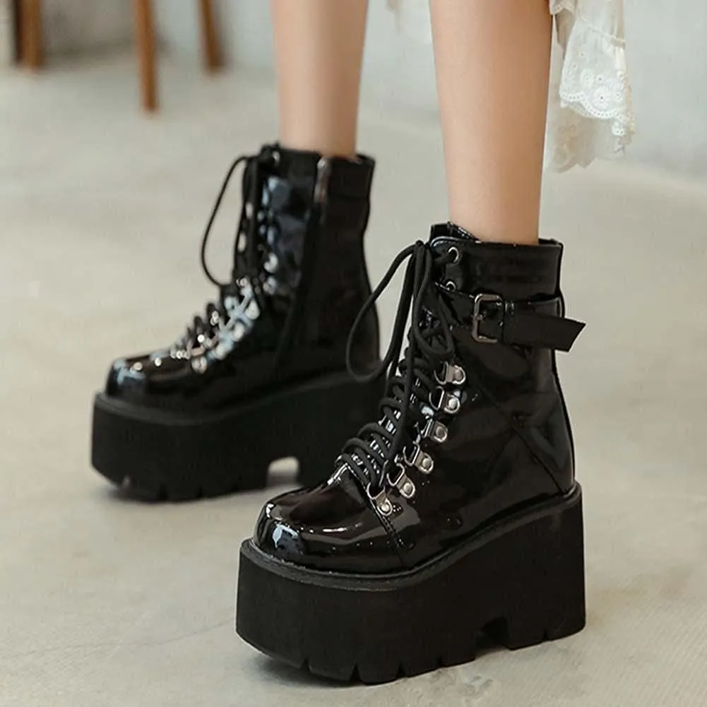 mikarka Goth Ankle Boots for Women, Zipper Studded Chain Mid Chunky Heel Platform Combat Ankle Booties Motorcycle Riding Mid Calf Boots