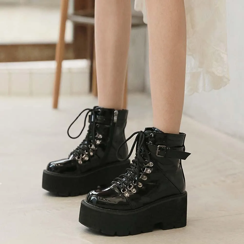 mikarka Goth Ankle Boots for Women, Zipper Studded Chain Mid Chunky Heel Platform Combat Ankle Booties Motorcycle Riding Mid Calf Boots