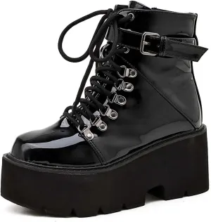 mikarka Goth Ankle Boots for Women, Zipper Studded Chain Mid Chunky Heel Platform Combat Ankle Booties Motorcycle Riding Mid Calf Boots