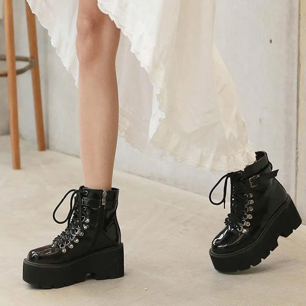 mikarka Goth Ankle Boots for Women, Zipper Studded Chain Mid Chunky Heel Platform Combat Ankle Booties Motorcycle Riding Mid Calf Boots