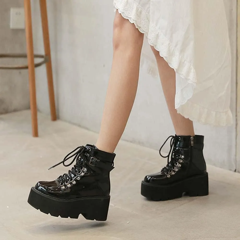 mikarka Goth Ankle Boots for Women, Zipper Studded Chain Mid Chunky Heel Platform Combat Ankle Booties Motorcycle Riding Mid Calf Boots