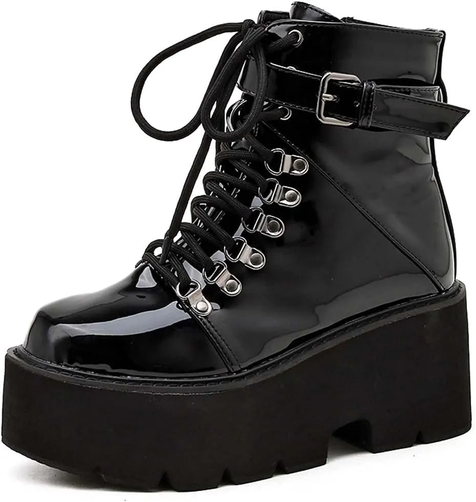 mikarka Goth Ankle Boots for Women, Zipper Studded Chain Mid Chunky Heel Platform Combat Ankle Booties Motorcycle Riding Mid Calf Boots