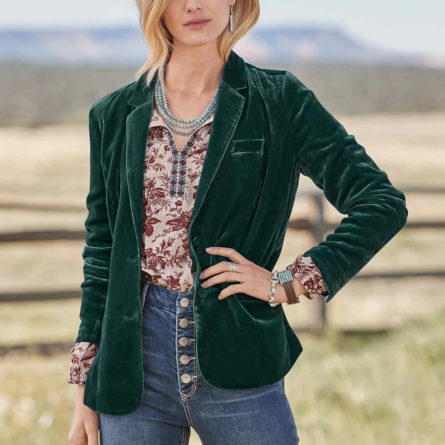 Mintlimit Women's Velvet Blazer Jacket - Long Sleeve V Neck Coat