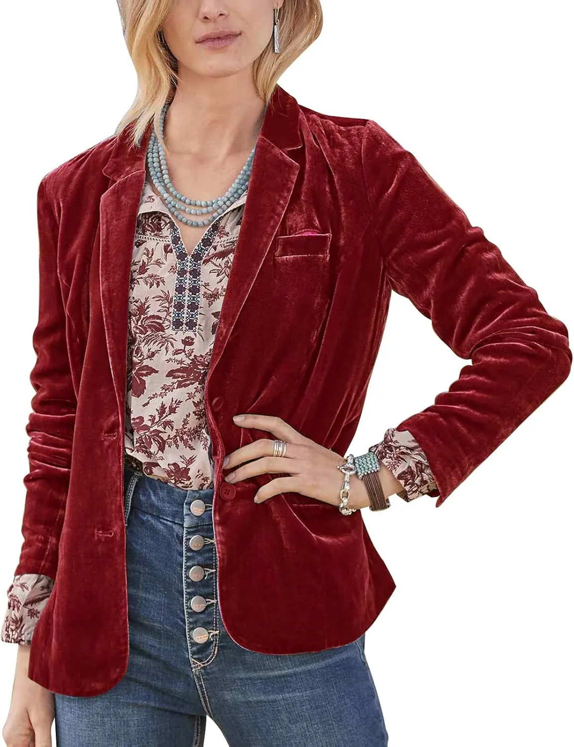 Mintlimit Women's Velvet Blazer Jacket - Long Sleeve V Neck Coat