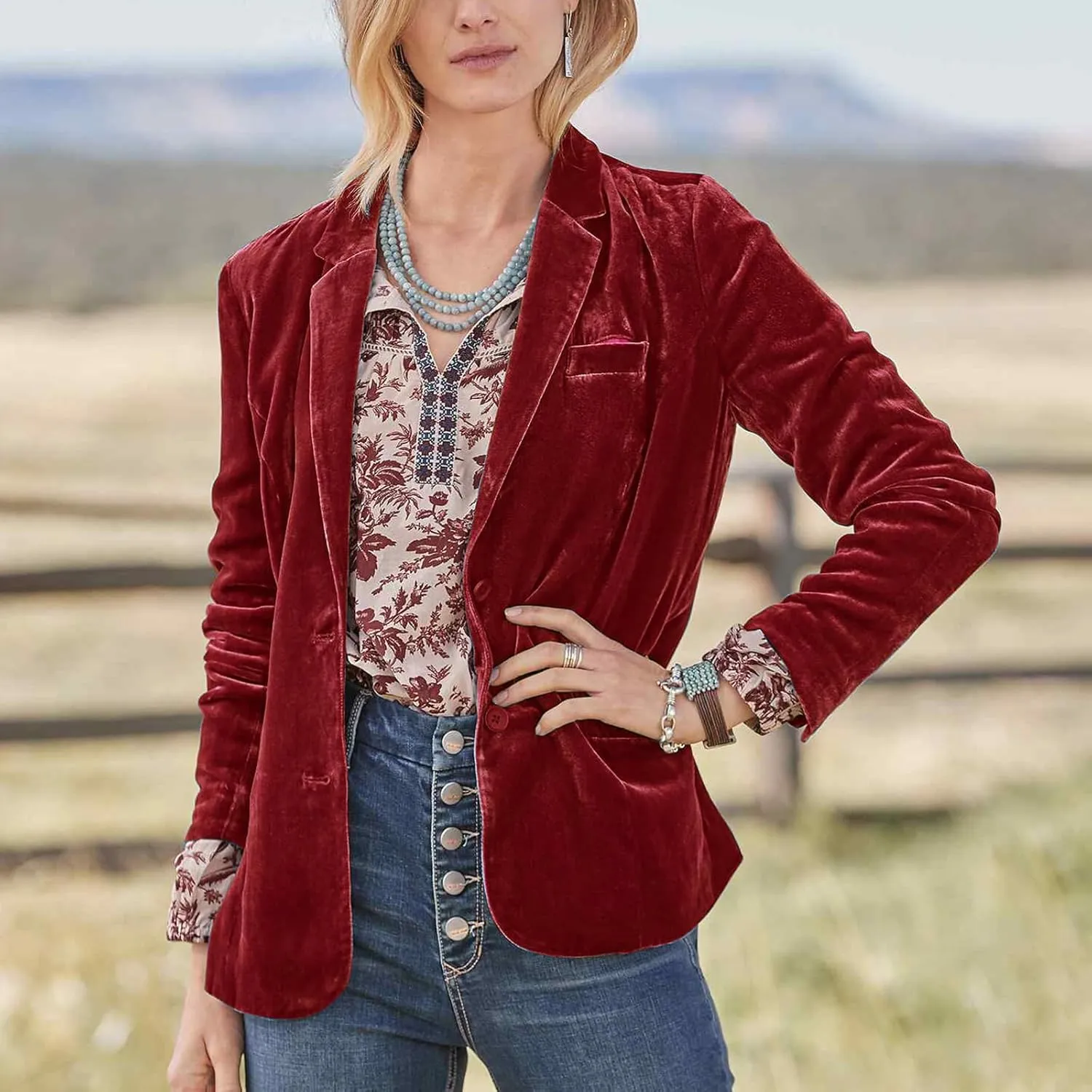 Mintlimit Women's Velvet Blazer Jacket - Long Sleeve V Neck Coat