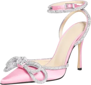 MIRAAZZURRA Women High Heeled Sandals Satin Sparkly Rhinestone Double Bow Sandals Pointy Toe Stiletto