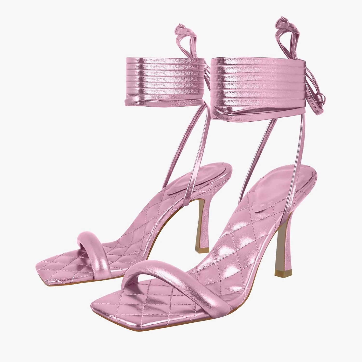 MissHeel Soft Padded Metallic Lace Up High Heel Sandals Suqare Toe