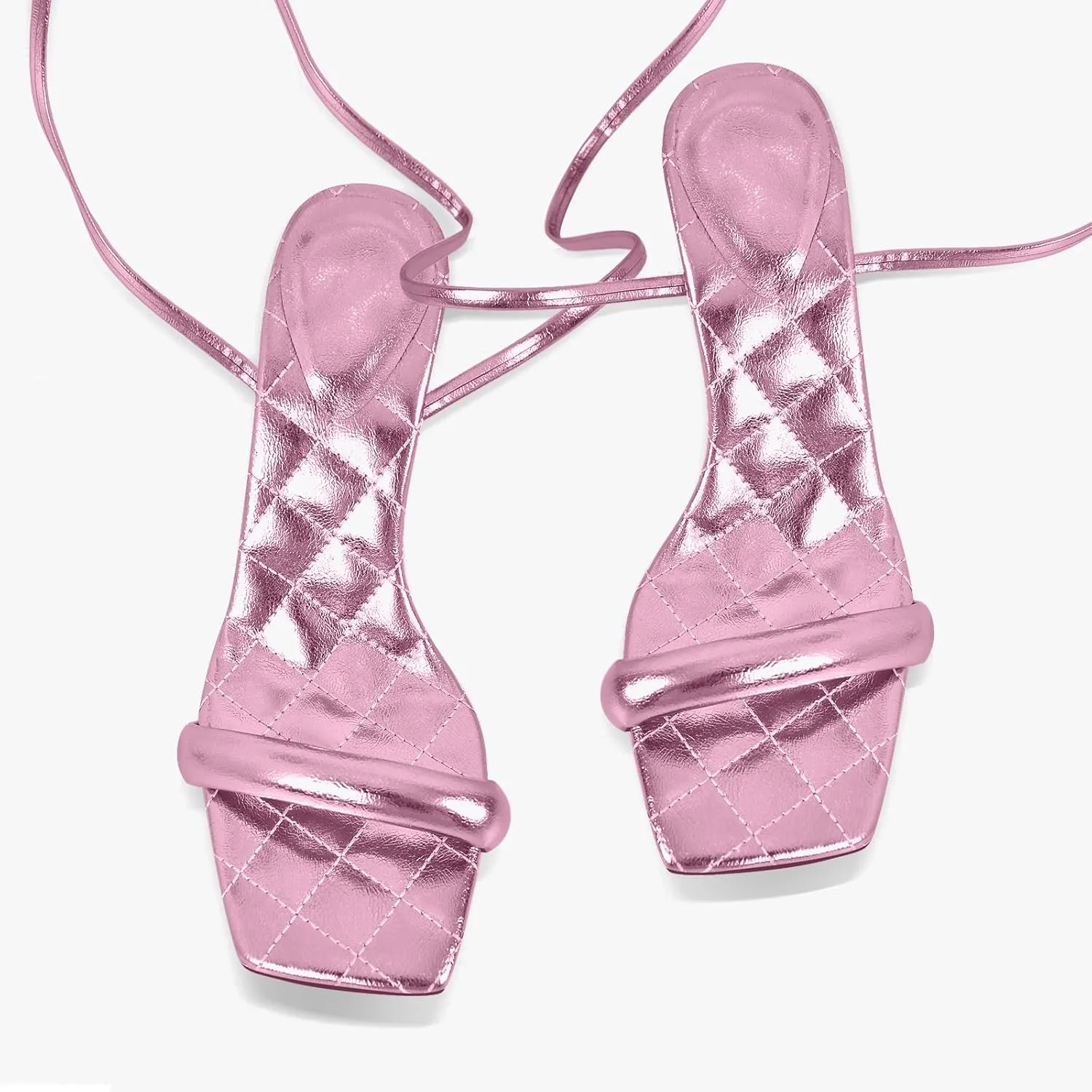 MissHeel Soft Padded Metallic Lace Up High Heel Sandals Suqare Toe
