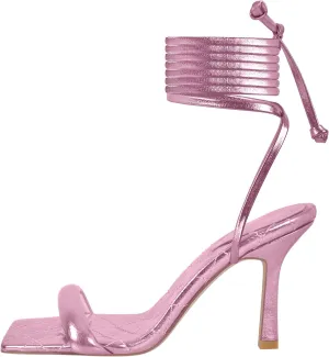 MissHeel Soft Padded Metallic Lace Up High Heel Sandals Suqare Toe