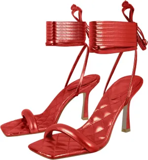 MissHeel Soft Padded Metallic Lace Up High Heel Sandals Suqare Toe