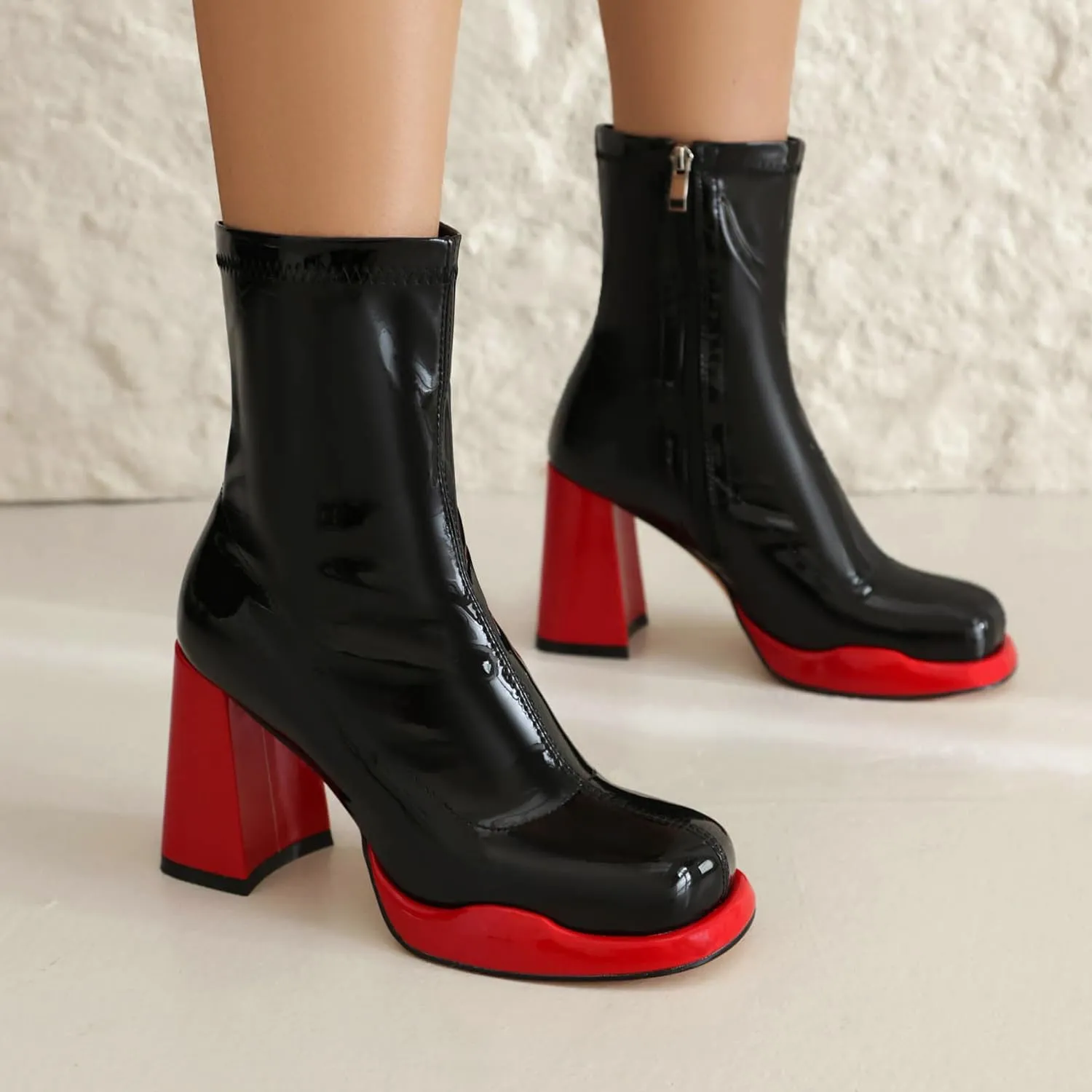 Mofirdast Gogo Boots Platform Chunky Heel Ankle Boots for Women, Square Toe Mid Calf Boots with Side Zippers for Party, Cosplay, or Dance