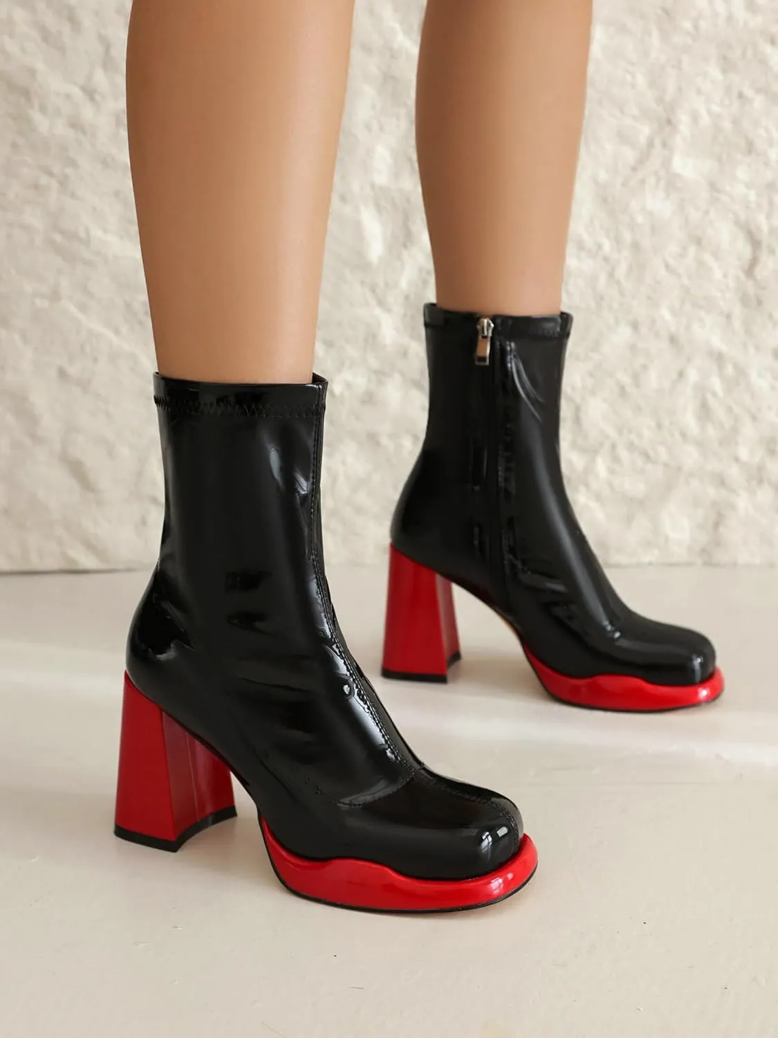 Mofirdast Gogo Boots Platform Chunky Heel Ankle Boots for Women, Square Toe Mid Calf Boots with Side Zippers for Party, Cosplay, or Dance