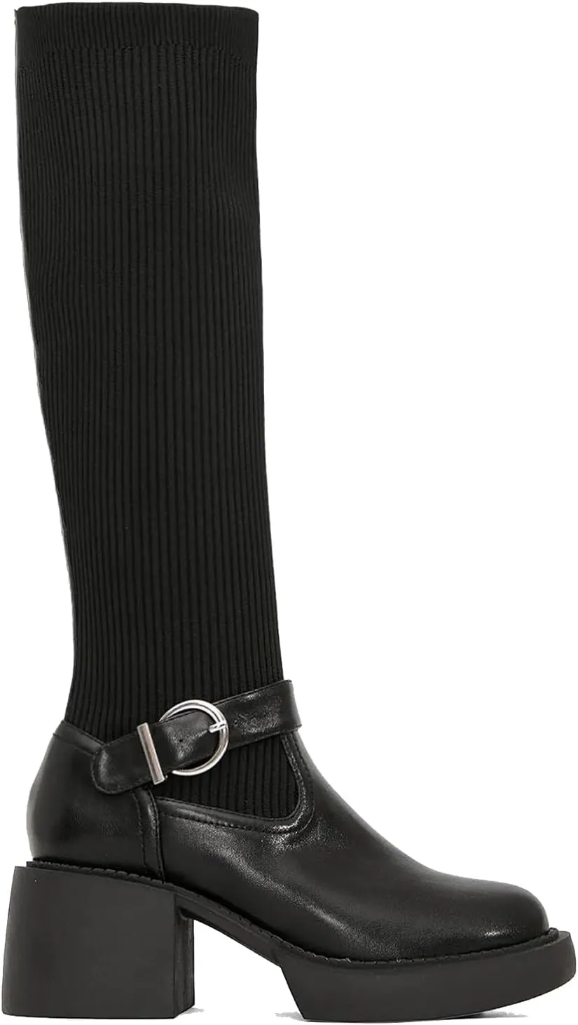 MOUSSE FIT Women's Buckle Decor Two Tone High Boots
