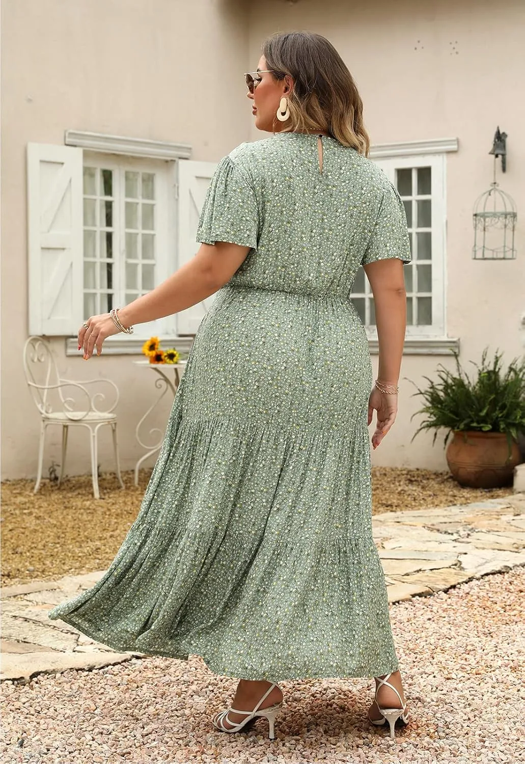 Nemidor Plus Size Maxi Dresses for Curvy Women Summer Casual Boho Ditsy Floral Print Layered Flared Long Dress with Pocket