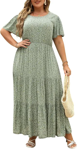 Nemidor Plus Size Maxi Dresses for Curvy Women Summer Casual Boho Ditsy Floral Print Layered Flared Long Dress with Pocket