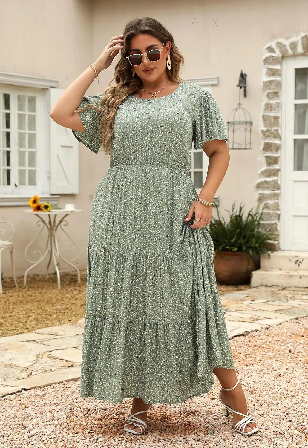 Nemidor Plus Size Maxi Dresses for Curvy Women Summer Casual Boho Ditsy Floral Print Layered Flared Long Dress with Pocket