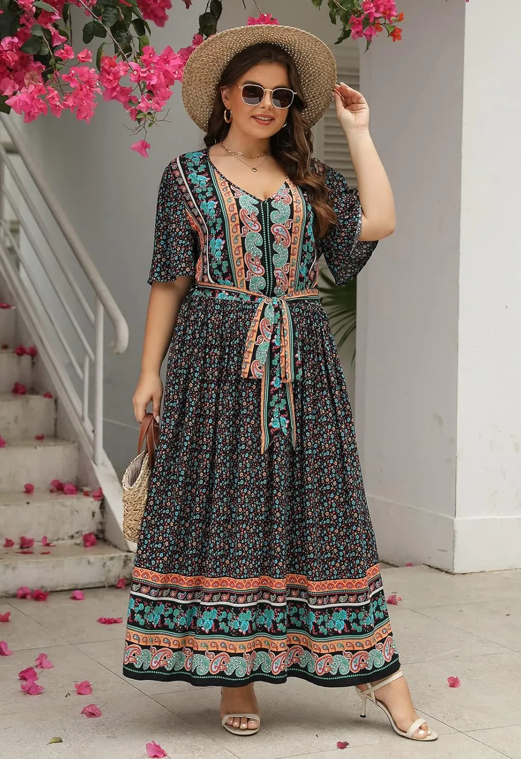 Nemidor Womens Plus Size Boho Floral Positioning Print Casual Flared Maxi Dress with Pocket NEM422