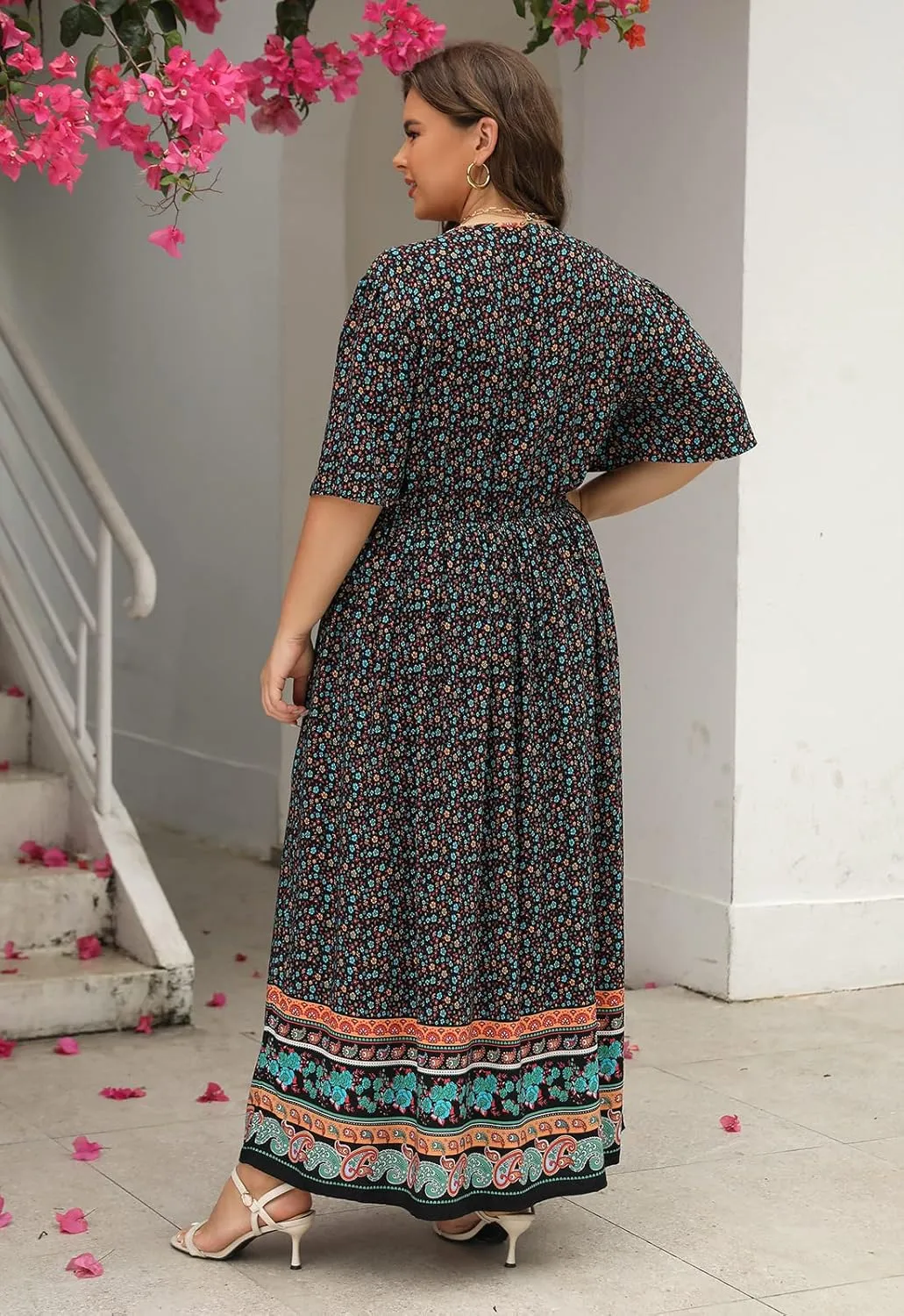 Nemidor Womens Plus Size Boho Floral Positioning Print Casual Flared Maxi Dress with Pocket NEM422