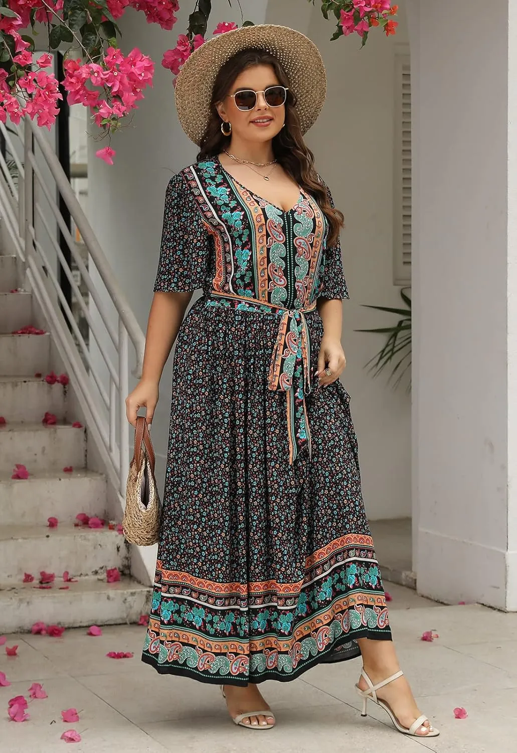Nemidor Womens Plus Size Boho Floral Positioning Print Casual Flared Maxi Dress with Pocket NEM422