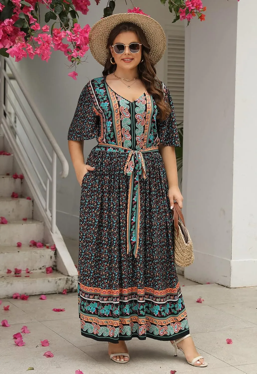 Nemidor Womens Plus Size Boho Floral Positioning Print Casual Flared Maxi Dress with Pocket NEM422
