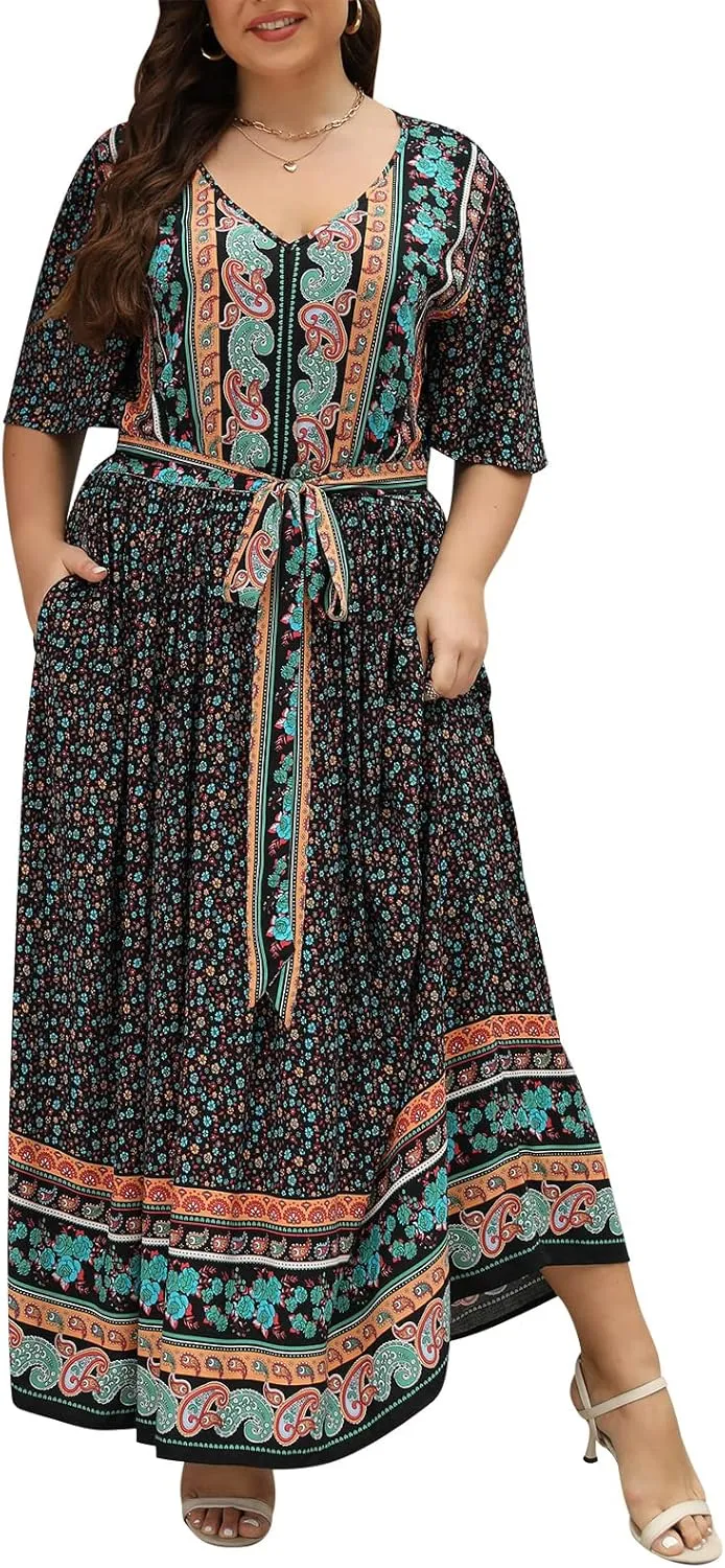 Nemidor Womens Plus Size Boho Floral Positioning Print Casual Flared Maxi Dress with Pocket NEM422