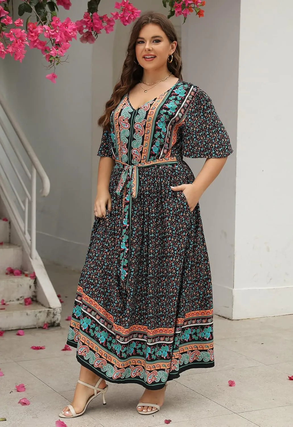 Nemidor Womens Plus Size Boho Floral Positioning Print Casual Flared Maxi Dress with Pocket NEM422