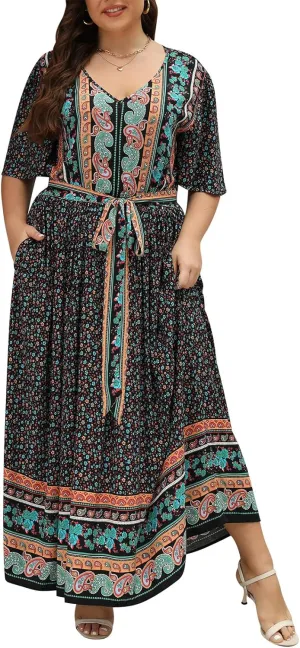 Nemidor Womens Plus Size Boho Floral Positioning Print Casual Flared Maxi Dress with Pocket NEM422