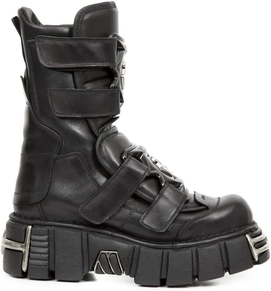New Rock Boots M-422-S1 Unisex Metallic Black Leather Platform Gothic Boots