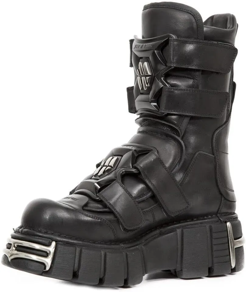 New Rock Boots M-422-S1 Unisex Metallic Black Leather Platform Gothic Boots