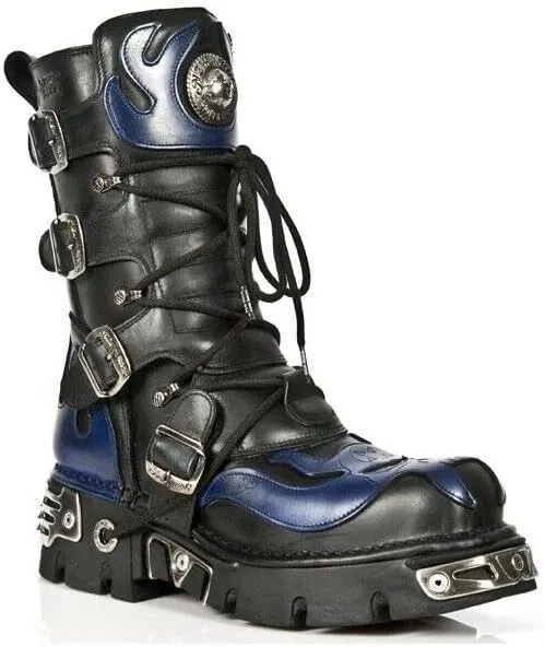 New Rock Men's Silver Metallic Skull Devil Goth Punk Leather Calf Boots
