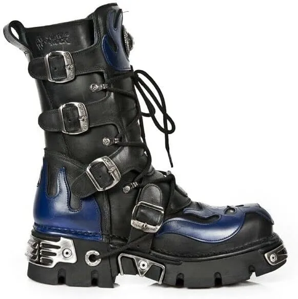 New Rock Men's Silver Metallic Skull Devil Goth Punk Leather Calf Boots