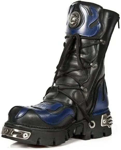 New Rock Men's Silver Metallic Skull Devil Goth Punk Leather Calf Boots