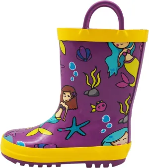 NORTY Girls Rain Boots - Waterproof & Durable Big Kid Rain Boots with Easy-on Handles - Non-Slip Rainboots For Big Kids Mermaid Purple Yellow Size 4