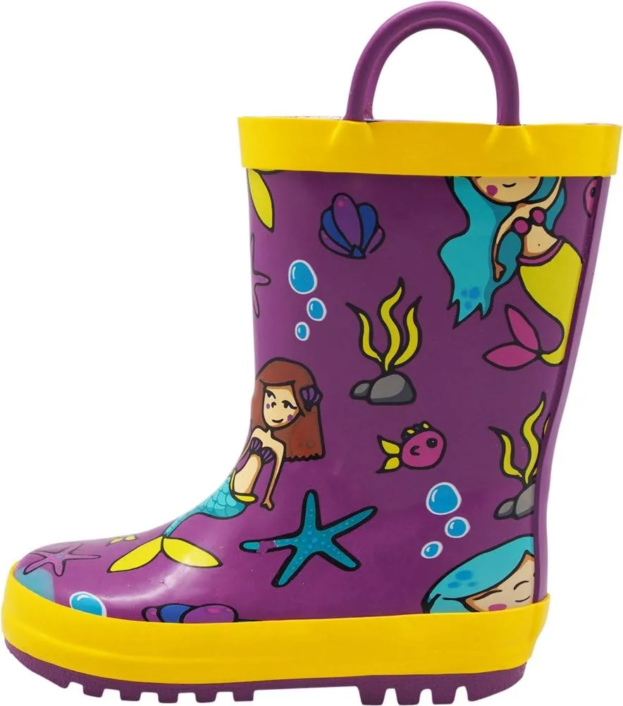 NORTY Girls Rain Boots - Waterproof & Durable Big Kid Rain Boots with Easy-on Handles - Non-Slip Rainboots For Big Kids Mermaid Purple Yellow Size 4