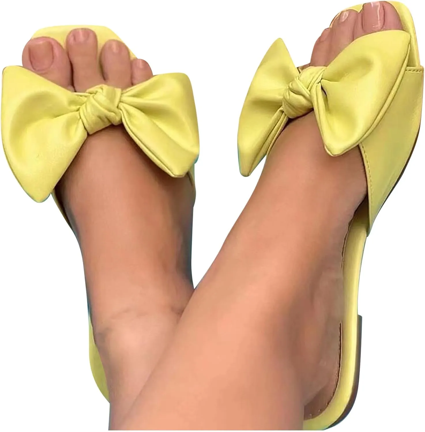 oiangi Bow Sandals for Women Flat Trendy Casual Solid Square Toe Open Toe Slip-on Slippers Summer Cute Comfy Outdoor Beach Shoes Flip Flops Sandalias Niña