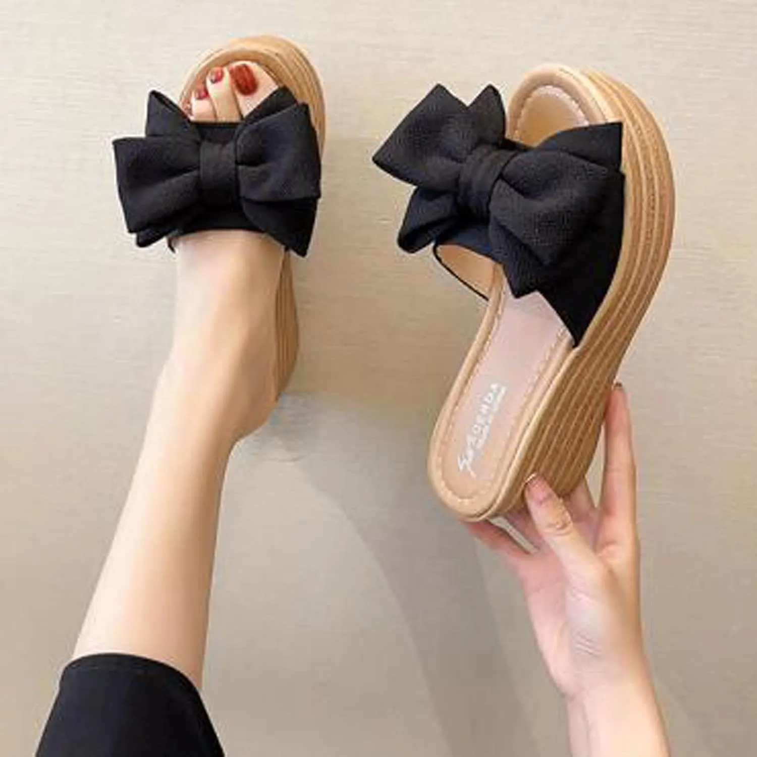 oiangi Sandals for Women Dressy, 2021 Comfy Bow Flats Casual Platform Slope Heels Summer Beach Flip Flops Slippers