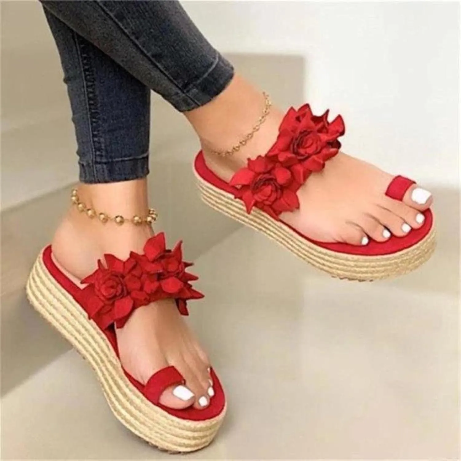 oiangi Summer Espadrille Sandals for Women Fashion Flower Strap Toe Ring Open Toe Platform Sandals Comfortable Casual Trendy Slip On Beach Shoes