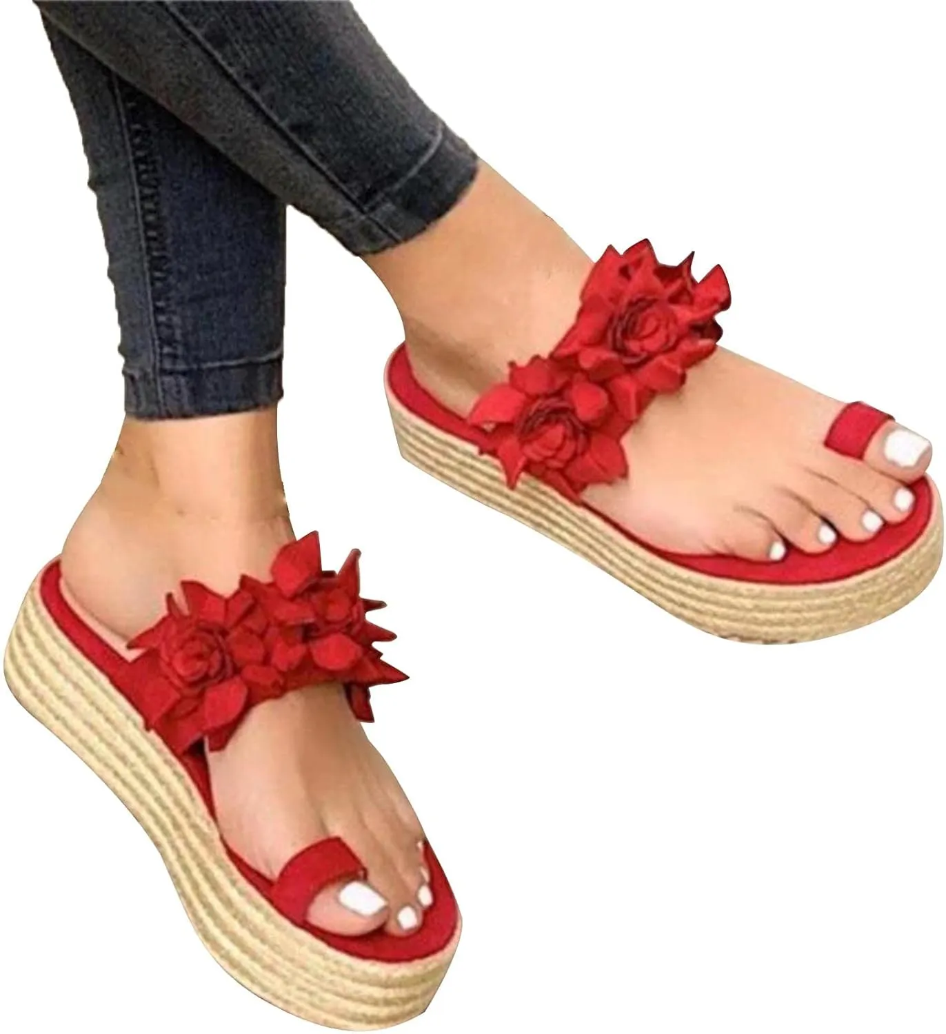 oiangi Summer Espadrille Sandals for Women Fashion Flower Strap Toe Ring Open Toe Platform Sandals Comfortable Casual Trendy Slip On Beach Shoes