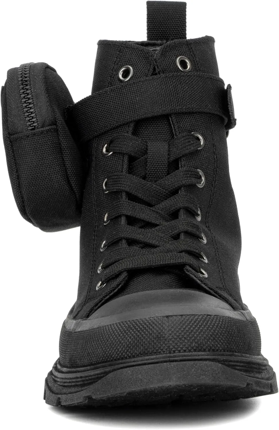 Olivia Miller Women's Fashion Shoes, Leilany Canvas Upper Rubber Sole Lace Up w Zip Pouch, Chunky Heel Round Toe Casual High Top Sneaker Bootie Ankle Combat Boots