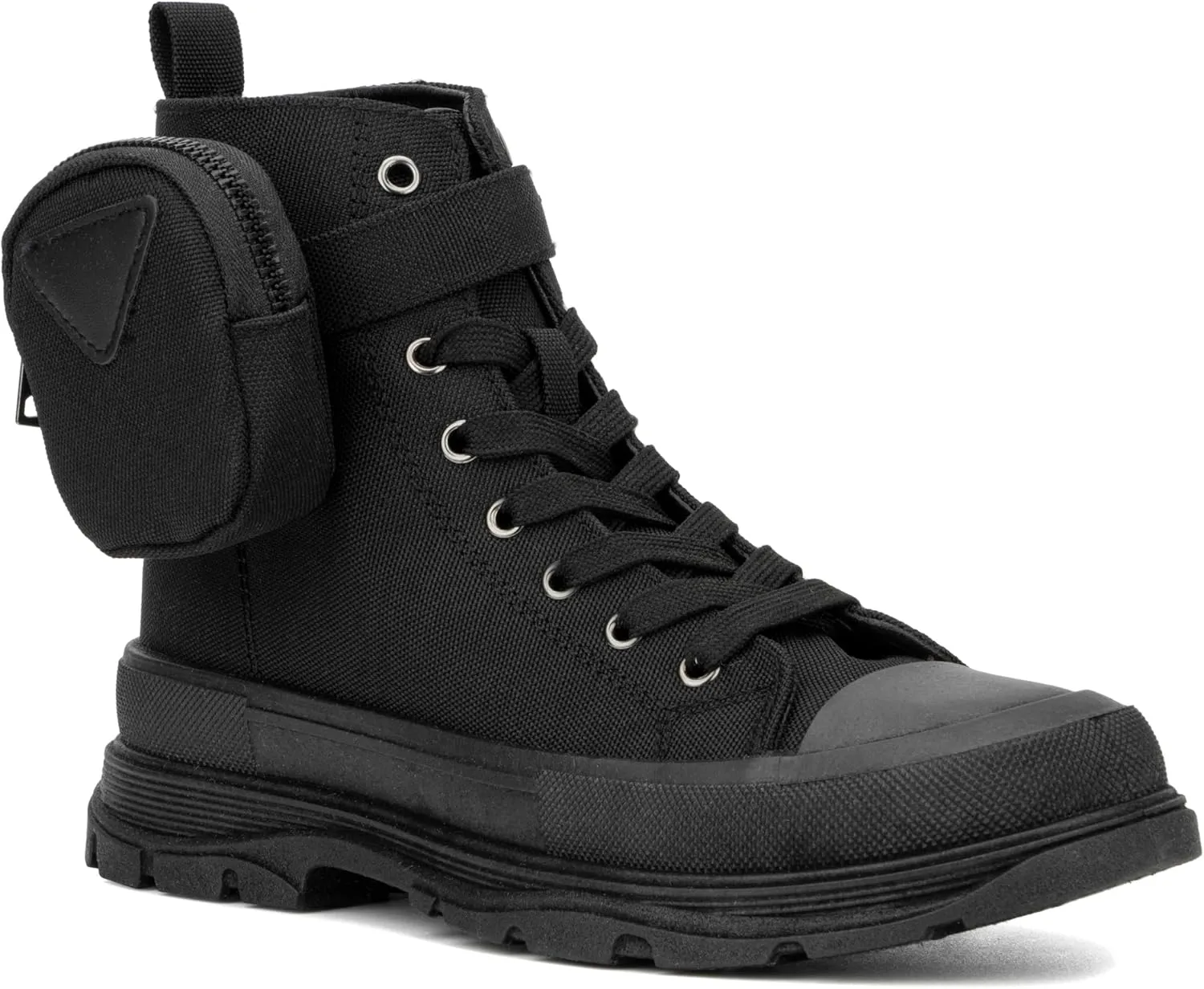 Olivia Miller Women's Fashion Shoes, Leilany Canvas Upper Rubber Sole Lace Up w Zip Pouch, Chunky Heel Round Toe Casual High Top Sneaker Bootie Ankle Combat Boots