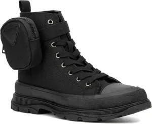 Olivia Miller Women's Fashion Shoes, Leilany Canvas Upper Rubber Sole Lace Up w Zip Pouch, Chunky Heel Round Toe Casual High Top Sneaker Bootie Ankle Combat Boots