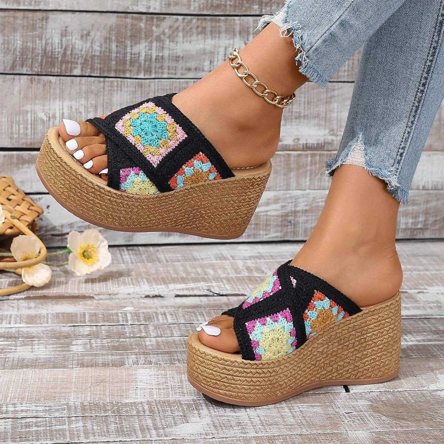 Orthopedic Platform Wedge Sandals for Women Summer Dressy Espadrille 2025 Open Toe Summer Floral Crochet Woven Non Slip Fashionable Sandals Bohemian Beach Walking Shoes