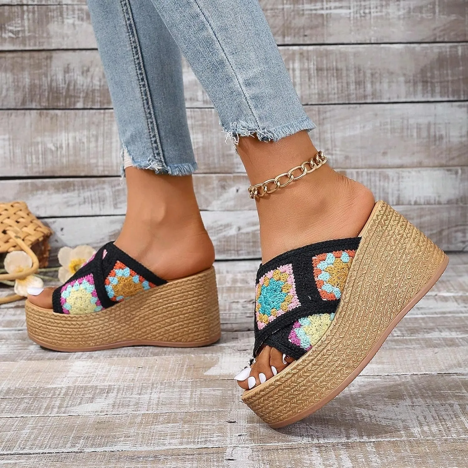 Orthopedic Platform Wedge Sandals for Women Summer Dressy Espadrille 2025 Open Toe Summer Floral Crochet Woven Non Slip Fashionable Sandals Bohemian Beach Walking Shoes